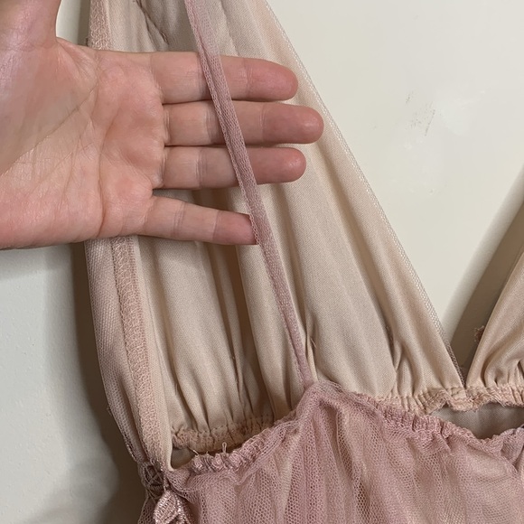 Dusty Rose Plunge Front Backless Tulle Train Floral Applique Gown Slip Dress M - Picture 14 of 16